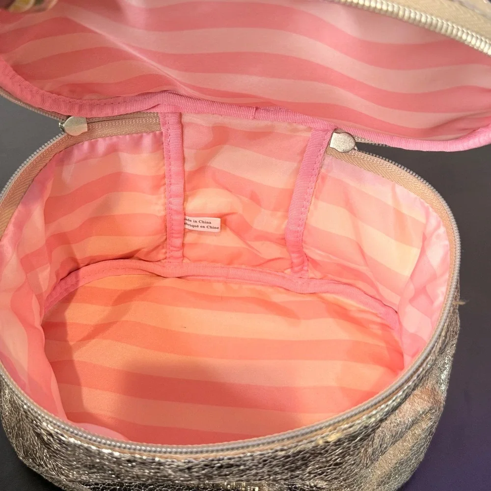 Victoria's Secret Cosmetic Bag Gold Metallic Crackle Bow Vanity Case Makeup Bag